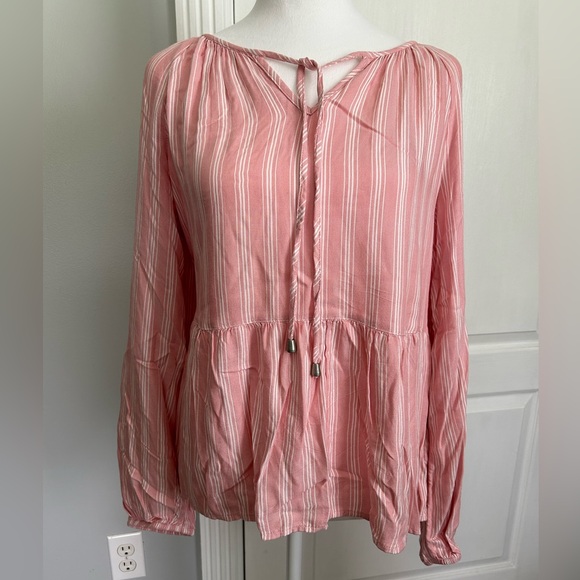 Time and Tru Pink & White Striped Top with Tie Detail & Bell Sleeves Size Small - Picture 1 of 8